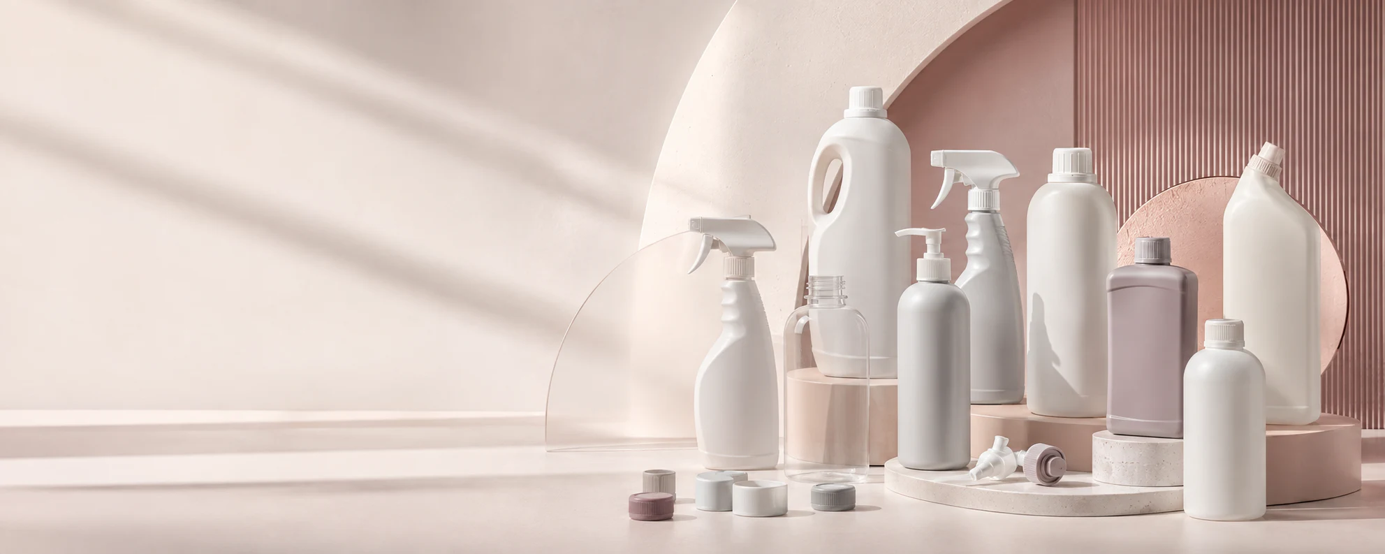 White label bottles with trigger, pump, cap and pour dispensing systems